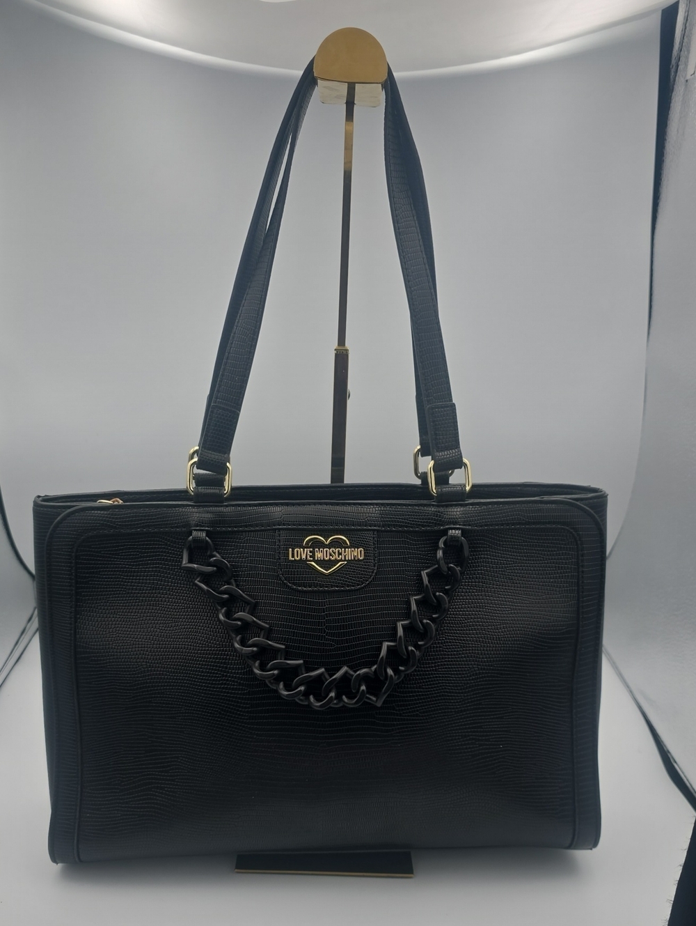 Love Moschino Black Textured Large Tote W/ Chain Accent & Gold Hardware (EUC)🖤